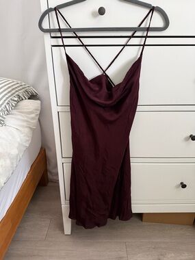 H&M Satin Cowl Neck Mini Dress in Deep Burgundy